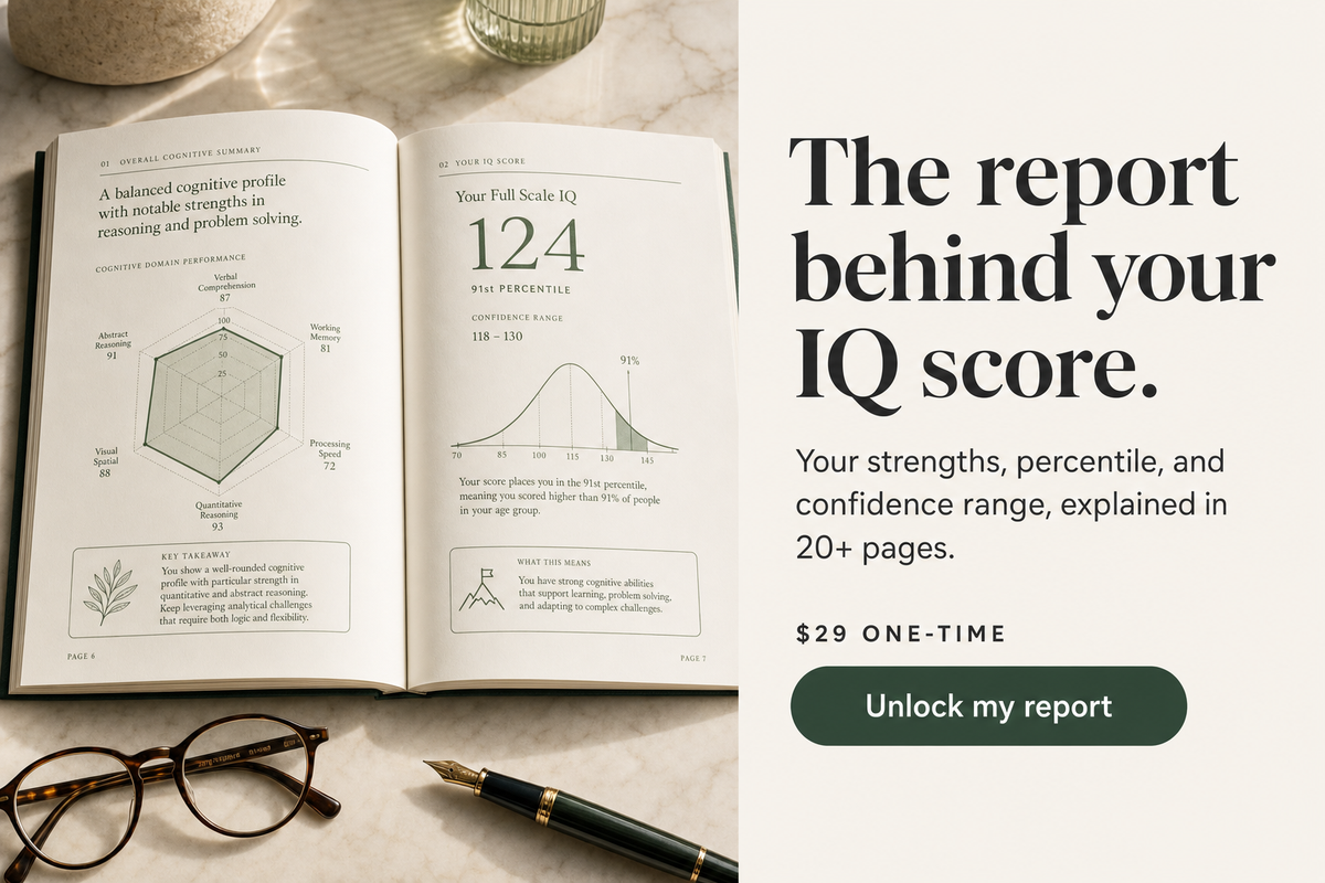 The report behind your IQ score. Percentile, strengths, skill breakdown, confidence range — explained in 20+ pages.