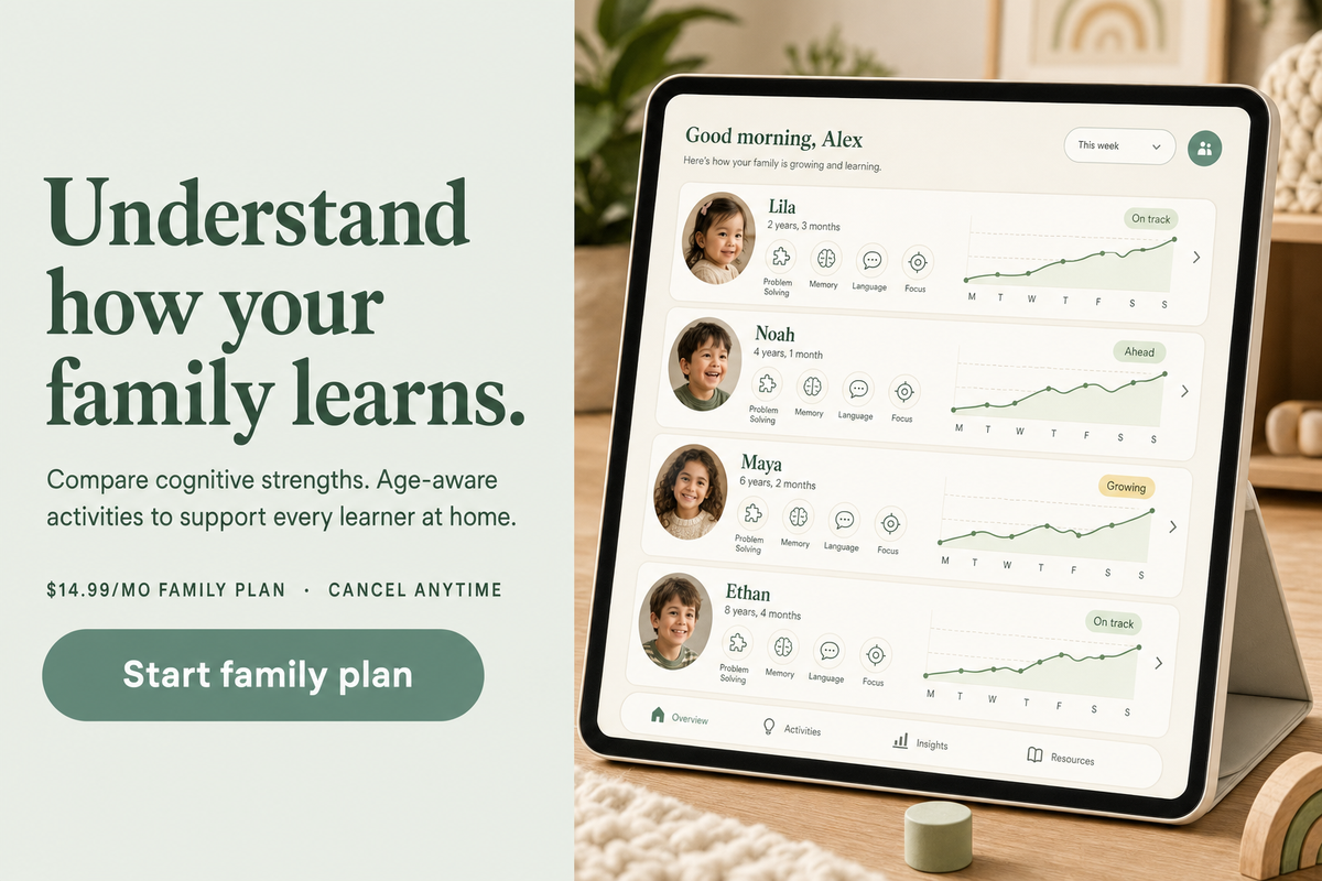 Understand how your family learns. Compare cognitive strengths across the household. Age-aware activities.