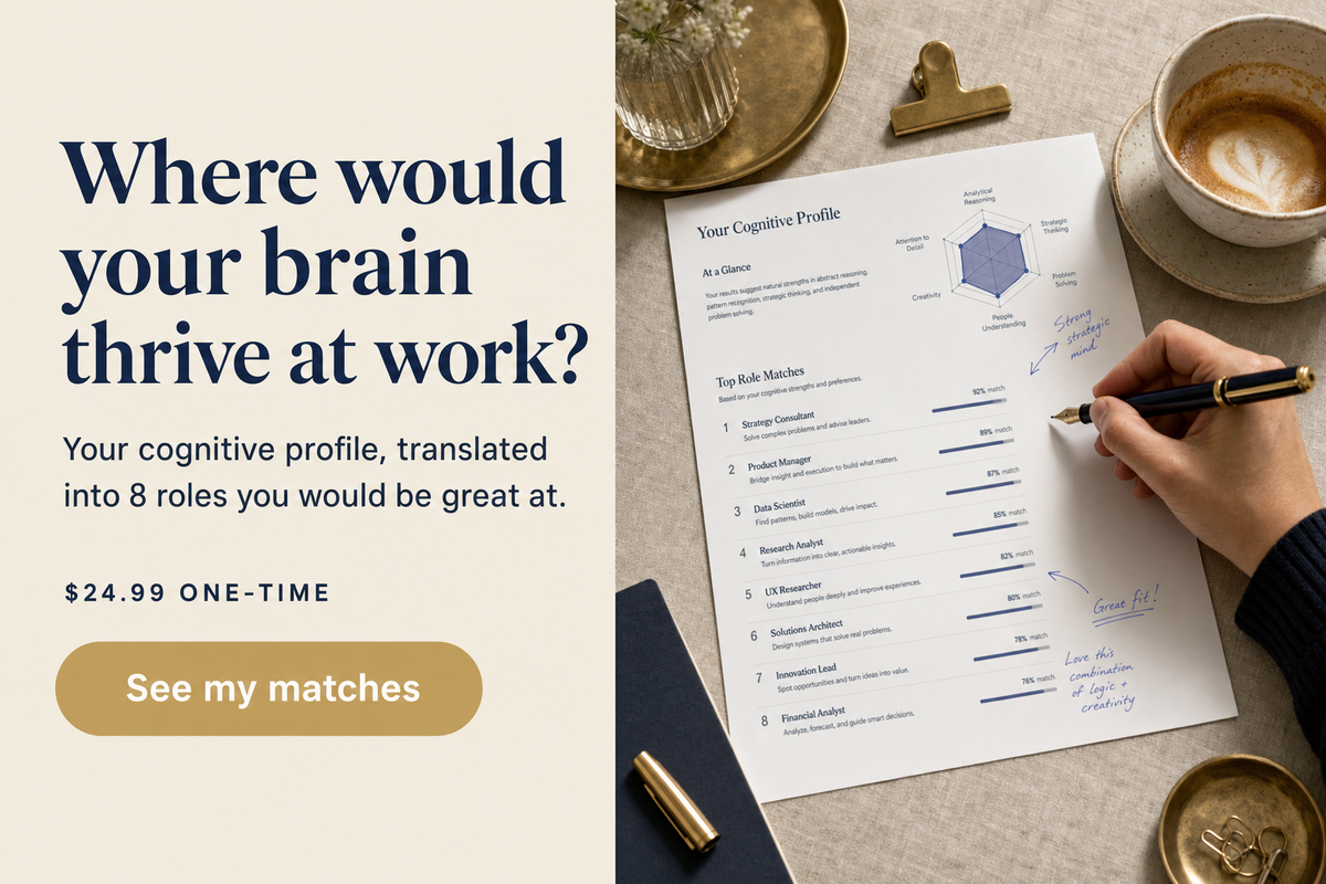 Where your brain would thrive at work. Your cognitive profile, translated into 8 roles you’d be great at.