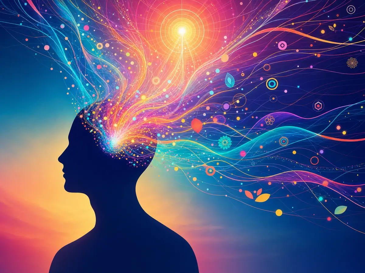 Editorial illustration of attention focus — silhouette figure with luminous cognitive imagery emerging from the mind area, for iq score chart